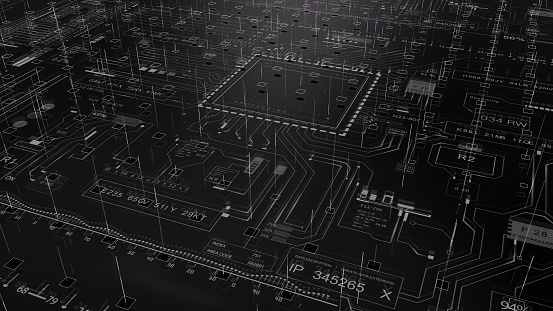 A monochrome image of a computer circuit board resembles a cityscape with its intricate pattern of circuits and connections, creating a digital urban landscape in darkness
