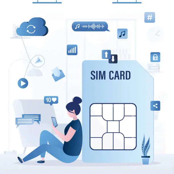Vector illustration of User sits near to large sim card and uses smartphone. Mobile internet, fast wireless connection for calls, communication, video viewing. Wireless communication technology.