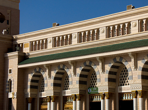 A front view of the gate no. 34 of the Prophet's Mosque, Al-Masjid An-Nabawi, in the city of Al-Madinah Al-Munawwarah.