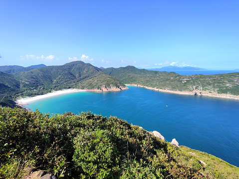 Panoramic view of the beautiful Long Ke Wan bay in Sai Kung peninsula, Hong Kong.