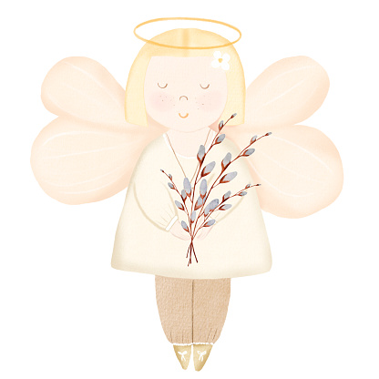 Angel with a bouquet of willow. Watercolor cute drawing isolated on white background. Clip art for cards and invitations for baby's baptism, birth and Easter. Cartoon children's illustration. High quality illustration