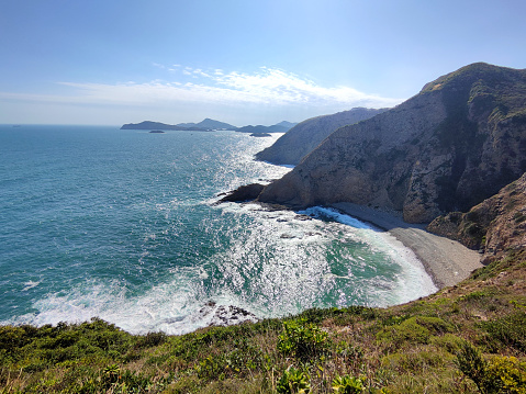 View of the beautiful rocky coastline in Hong Kong UNESCO Global Geopark, Sai Kung East Country park.