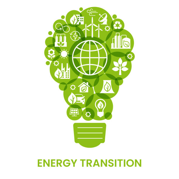 illustrazioni stock, clip art, cartoni animati e icone di tendenza di energy transition. transition to environmentally friendly world concept.  ecology infographic. green power production. transition to renewable alternative energy. - alternative energy global warming wind turbine biofuel