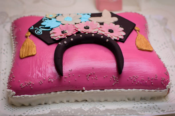 Pink birthday cake decorated in asian themed.