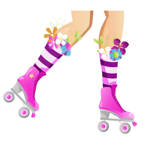 Vector illustration of Roller skates and legs. Girl wearing roller skates. Female legs and rollerblades with Flowers in socks. Vector illustration isolated on white for packaging, poster, card.