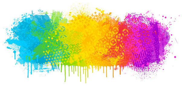 Bright colorful abstract Holi festival rainbow colored grunge textured paint marks and stencil patterns on white background vector illustration