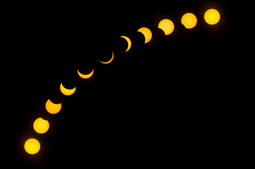 Composite of a partial solar eclipse, various phases of an eclipsed sun by the moon in the sky