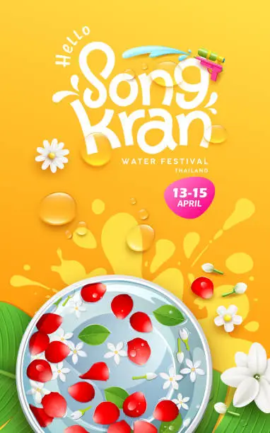 Vector illustration of Songkran water festival thailand, rose petals and jasmine flower in bowl on banana leaf, poster flyer