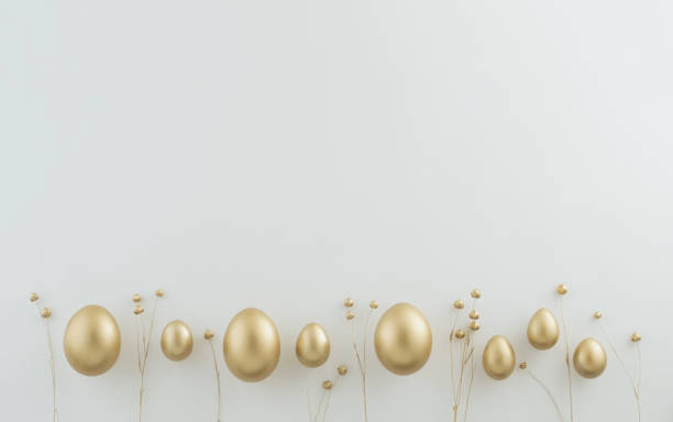istock Stylish golden eggs easter concept. Easter gold eggs with golden dried flax linum bunch white background. Flat lay trendy easter. Happy easter card. Copy space for text 2042152707