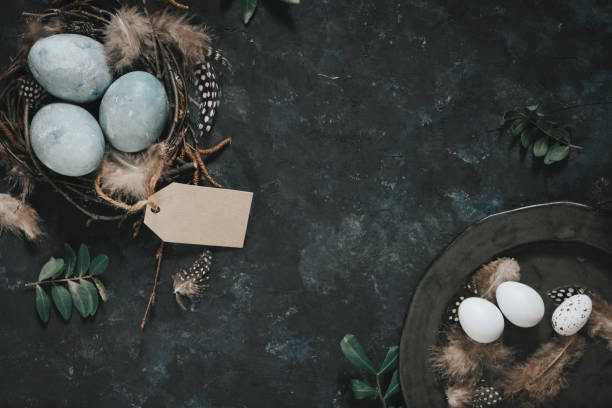 istock Natural dyed blue Easter eggs on dark gray background. Top view point. Easter celebration concept. 2042157437