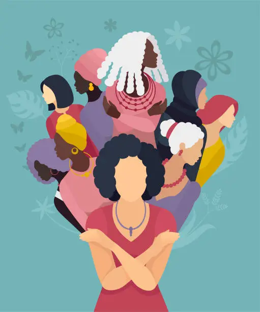 Vector illustration of Floral Harmony. Celebrating Women Worldwide with a Bouquet of Diversity.