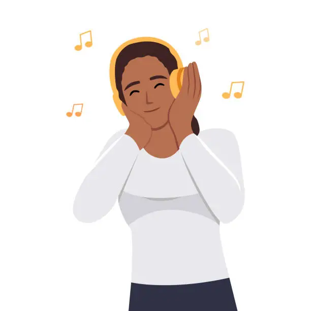 Vector illustration of Beautiful black woman listening to music with white earphones