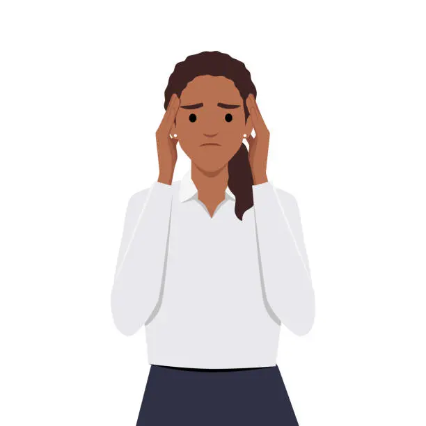 Vector illustration of Stressed black desperate frustrated young woman or girl covering head with hands. Negative emotions headache or migraine and bad news illustration.