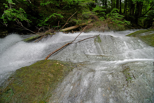 A close-up of rushing water cascading down a mountain alongside rocks