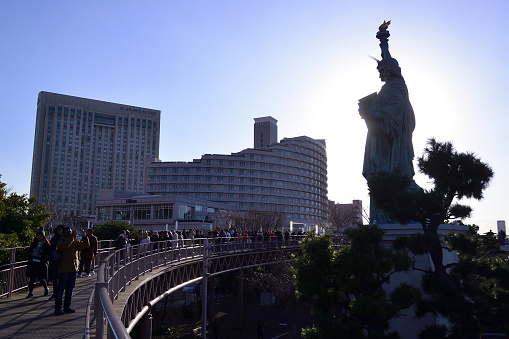 December 31, 2023, Statue of Liberty Replica Statue at Odaiba Seaside Park, Tokyo, Japan