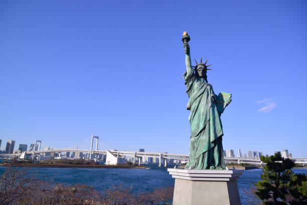 December 31, 2023, Statue of Liberty Replica Statue at Odaiba Seaside Park, Tokyo, Japan