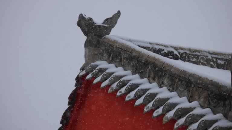 Snow  falling on China eaves and ancient buildings in winter