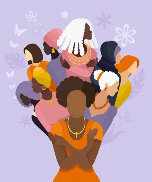 Vector illustration of Floral Harmony. Celebrating Women Worldwide with a Bouquet of Diversity.