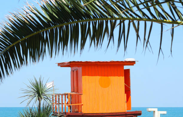 Morro Jable, Fuerteventura, Canary Islands, Spain, February 11, 2024 - Lifeguard tower on the beach of Jandia / Matorral Beach, Fuerteventura, Spain.