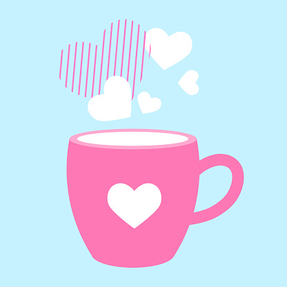 Vector cute pink mug with hearts on blue background