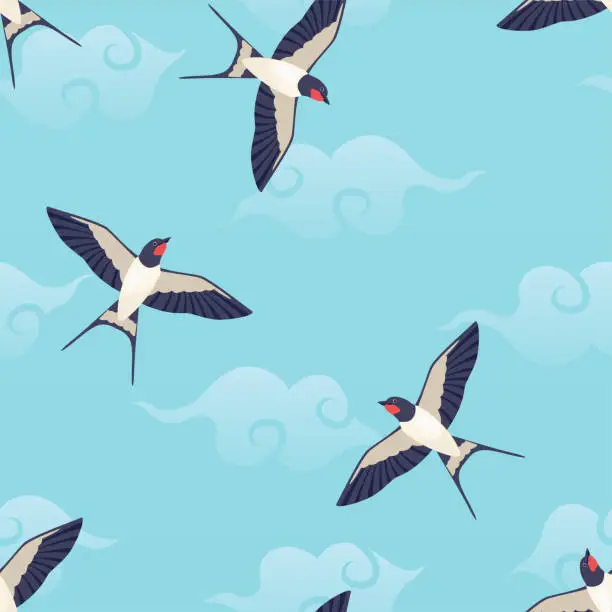 Vector illustration of Flying swallows in blue cloudy sky. Background with soaring birds. Vector cartoon seamless pattern.