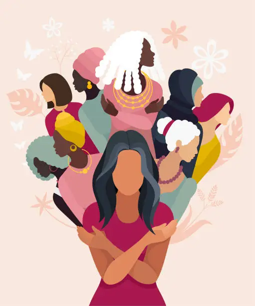 Vector illustration of Floral Harmony. Celebrating Women Worldwide with a Bouquet of Diversity. Embrace Equity.