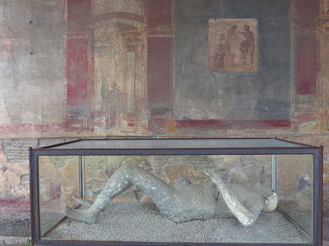 Pompeii frescoes and corpses after the eruption of Mount Vesuvius, Italy
