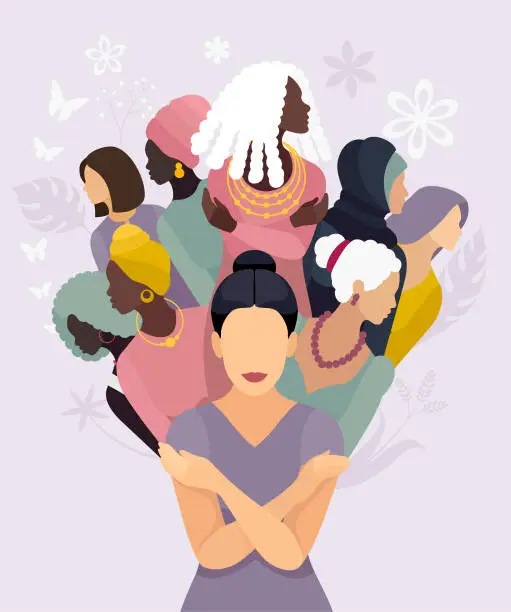 Vector illustration of Floral Harmony. Celebrating Women Worldwide with a Bouquet of Diversity. Embrace Equity.