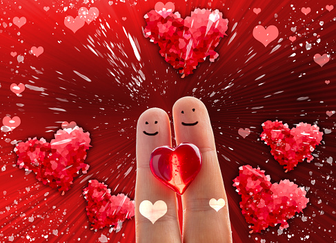 Funny finger couple with a red heart on a festive background with lots of hearts. Can be used as a design for some romantic, Valentine's day holiday greeting cards or posters.