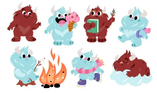 Vector illustration of Cartoon bigfoot characters. Fantasy humanoid creatures. Fluffy yeti eating ice cream. Furry animal reading book. White and brown sasquatches. Monster in different poses. Garish vector set