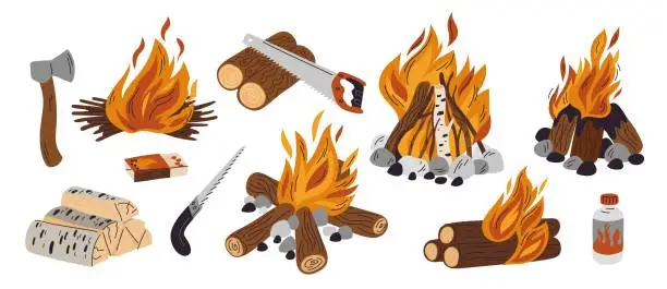 Vector illustration of Different bonfires types. Burning campfires. Brushwood and firewood heaps. Various wood materials. Tools for chopping. Camp fire flames. Axe and saw. Timber combustion. Garish vector set