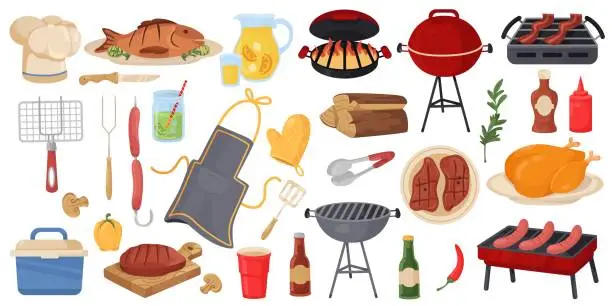 Vector illustration of Barbecue party tools. BBQ picnic elements. Barbeque food. Summer event. Cooking beef on grill or open fire. Fish and meat steaks. Grilling vegetable pieces. Chef apron. Recent vector set