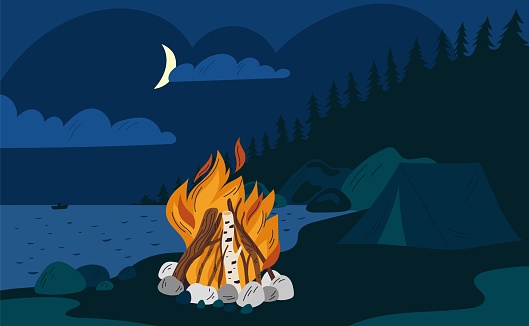 Bonfire in night forest. Tent on river bank. Burning campfire. Outdoor recreation. Hiking travel. Overnight in open air. Nature landscape. Glowing fire in dark. Lake fishing. Garish vector concept