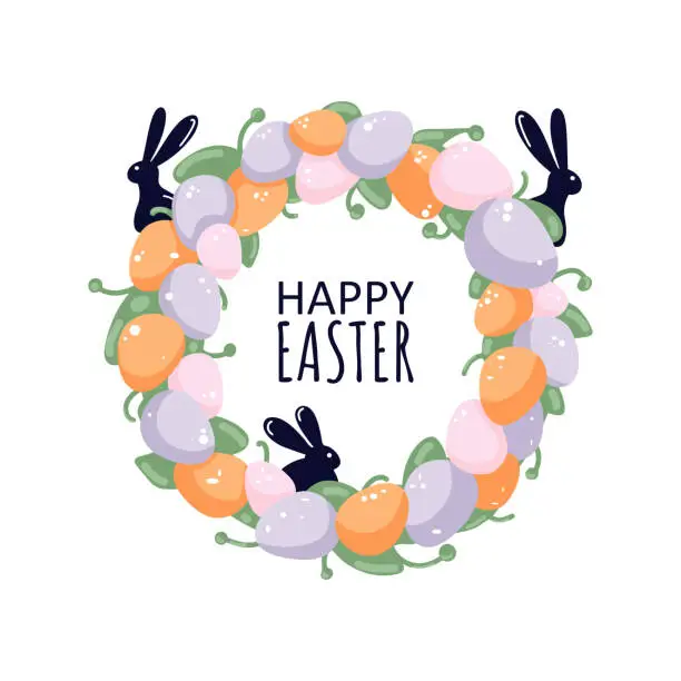 Vector illustration of Easter wreath of orange, pink and purple eggs with silhouettes of bunnies as frame with text.