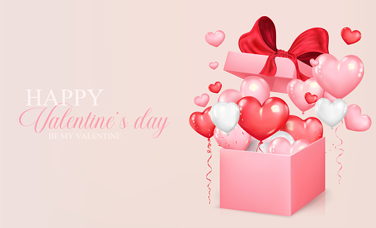Valentine's Day concept with realistic heart shaped balloons flying from a pink gift box. Ideal for cover, party, poster, greeting card, and promotion banner. Romantic design vector illustration.