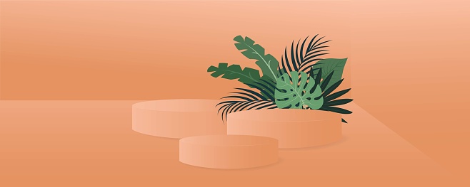 Abstract background in trendy color 2024 Apricot Crush with tropical leaves and  three stands (podium, pedestal).