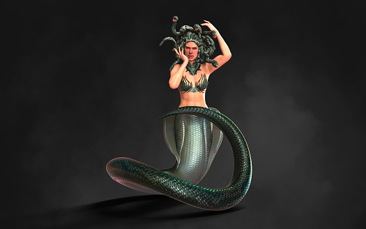 3d illustration pose of the Grecian mythological figure Medusa on black background with clipping path.