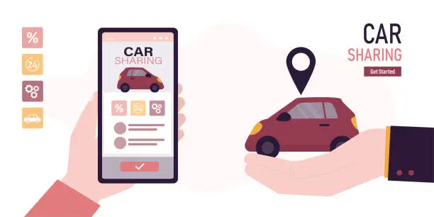 Vector illustration of Customer using mobile phone app and ordering taxi or renting car sharing. Businessman hand give vehicle, concept of rental transport or car sharing technology.