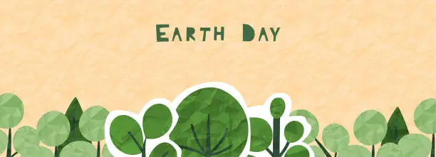 Vector illustration of Earth day paper collage of green garden landscape trees bush shrub. Textured organic shape, nature-inspired forms, contemporary naive eco vector illustration. Ecological banner with textural elements