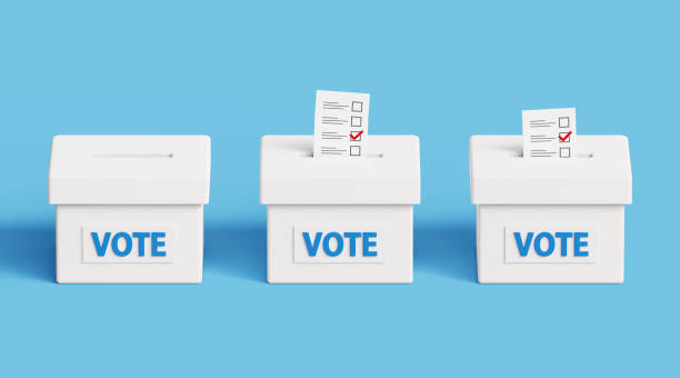 istock Set of voting box icons. Voting, going to vote, citizen participation in voting. Putting votes in ballot box, elections and democracy concept. 3d illustration 2042301608