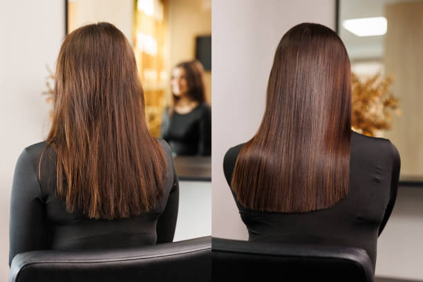 antes y después del procedimiento de alisado con keratina, botox o procedimiento especial brasileño para cabello castaño. - pelo fotografías e imágenes de stock