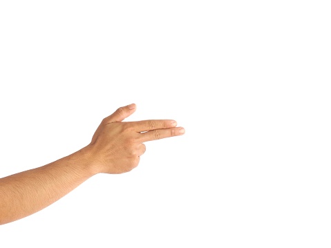 Male hand making a gesture like holding a gun, gun symbol or shooting a gun, isolated on white background.