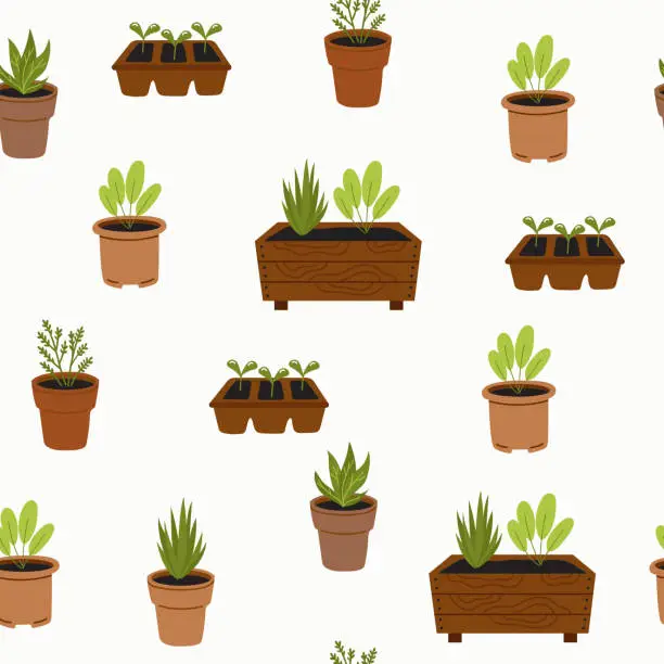 Vector illustration of Home garden seamless pattern. Plants in pots and boxes on a white background. Vector background for printing on fabric, packaging, cards.