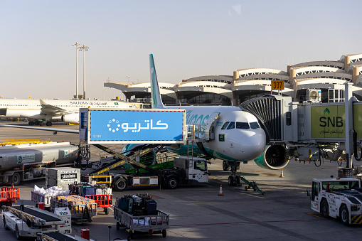 Riyadh, Saudi Arabia - February 25, 2024 : flynas Airbus A320 at King Khalid International Airport in Riyadh, Saudi Arabia.