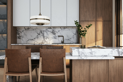 Interior design of elegant kitchen with whit white and brown elements- 3d render