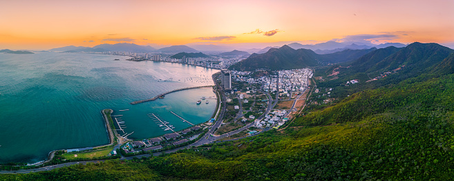 Drone view Nha Trang city from Fairy mountain (Co Tien mountain) in sunset - Nha Trang city, Khanh Hoa province, central Vietnam