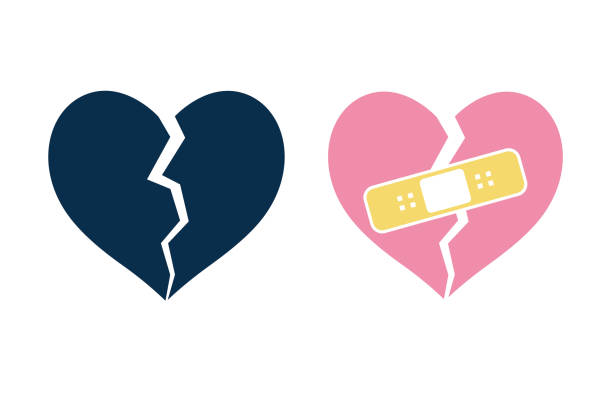 пластырь, иконка с красным сердцем. - relationship difficulties heart shape bandage adhesive bandage stock illustrations