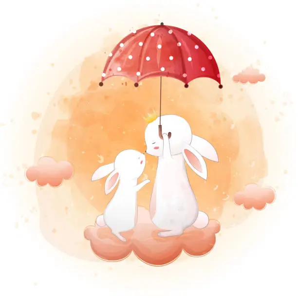 Vector illustration of cute Bunny love in the rain golden sky