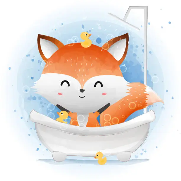 Vector illustration of Cute fox in a bubble bath