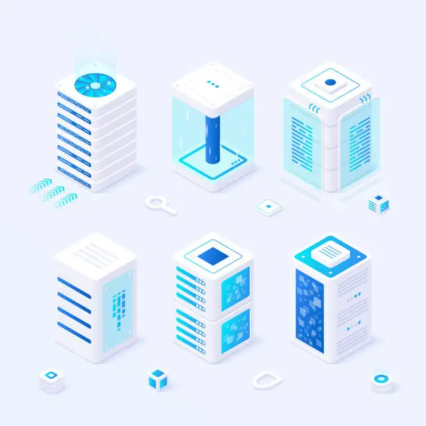 Vector illustration of Azure isometric servers with electric blue accents on a white background